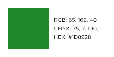RGB: 65, 169, 40. CMYK: 75, 7, 100, 1. HEX: #1D8928