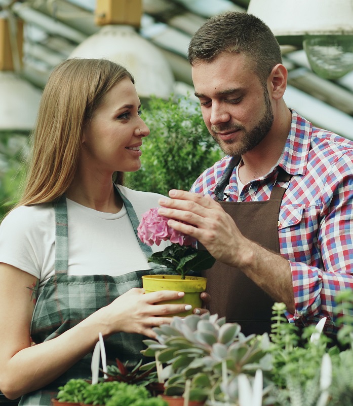 Attractive couple work in greenhouse. Young woman and man florists in apron talking and discussing about flowers